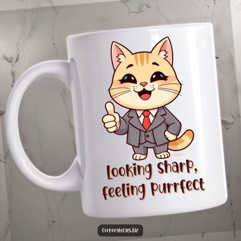 Funny Success Cat Mug: a smiling cat character wearing a suit and giving a confident thumbs up, exuding positivity.