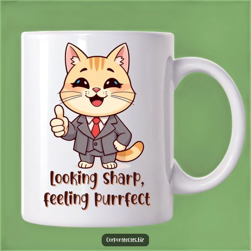 Funny Success Cat Mug: Smiling Cat in Suit, Thumbs Up, Perfect Funny Gift