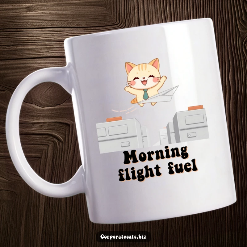 Funny mug with a joyful cat character wearing a tiny tie, soaring on a paper airplane, embodying freedom and imagination.