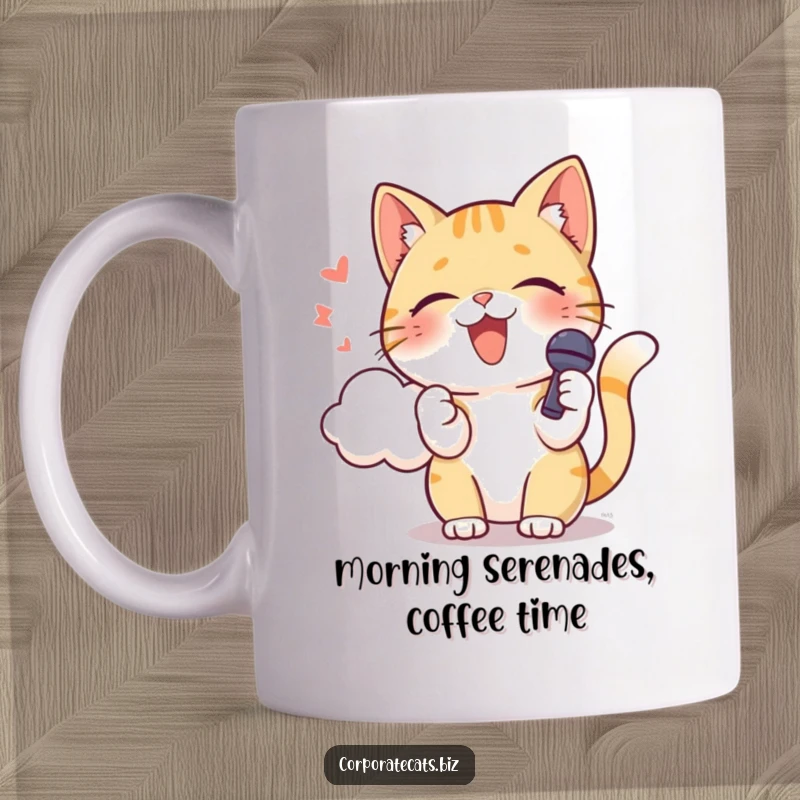 Funny cat holding a tiny microphone, belting out a tune into a cloud, looking like a star. A great funny gift.