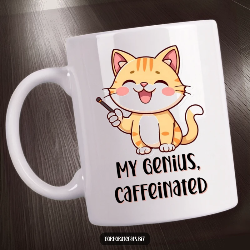 Funny joyful cat character giving a presentation with a pointer and beaming, symbolizing expertise and confidence, ideal for a humorous gift.