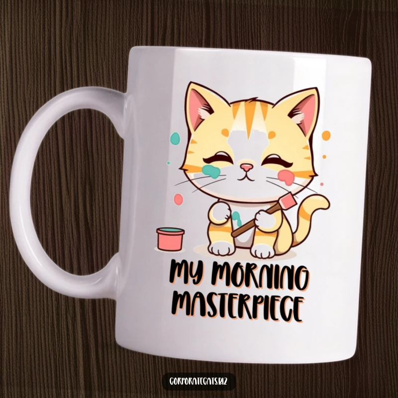 Funny Mug: A cute cat artist accidentally smears vibrant paint all over its face while painting, looking surprised.