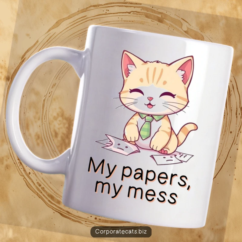 Funny cat mug, a cat wearing a tiny tie looking stressed while fumbling a stack of papers.