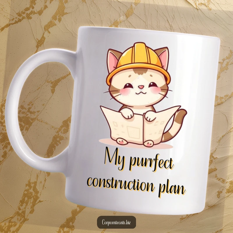 Funny cat architect wearing a tiny hard hat, intensely studying blueprints for a humorous construction project, perfect gift for cat lovers.