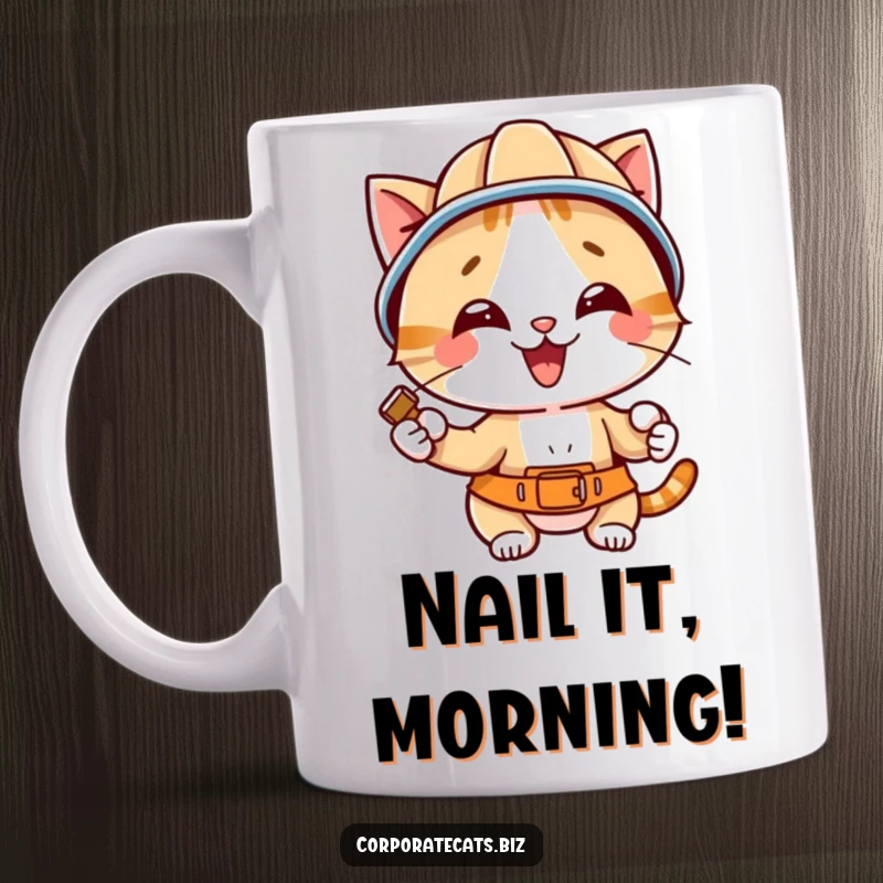 Funny cat in a hard hat enthusiastically hammering a nail, conveying a strong work ethic and a hilarious construction theme.