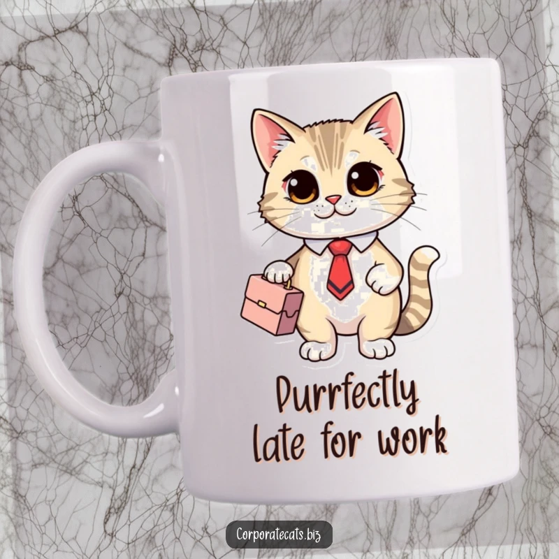 Funny Boss Cat Mug featuring a cute cat character in a tiny tie, holding a briefcase, ready for a business meeting.