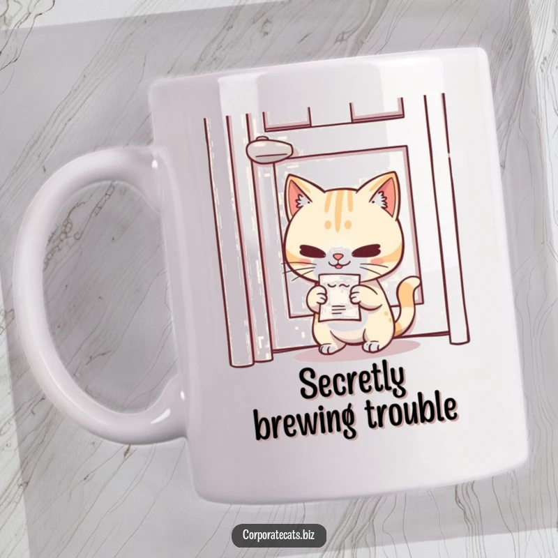 Funny Spy Cat Mug: a mischievous cat character slipping a tiny memo under a door with a smirk, plotting secrets.