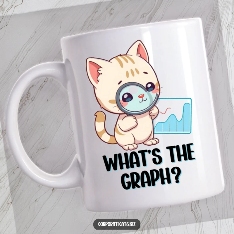 Funny cat with a magnifying glass intently studying a graph, embodying curiosity and analytical humor on a coffee mug.