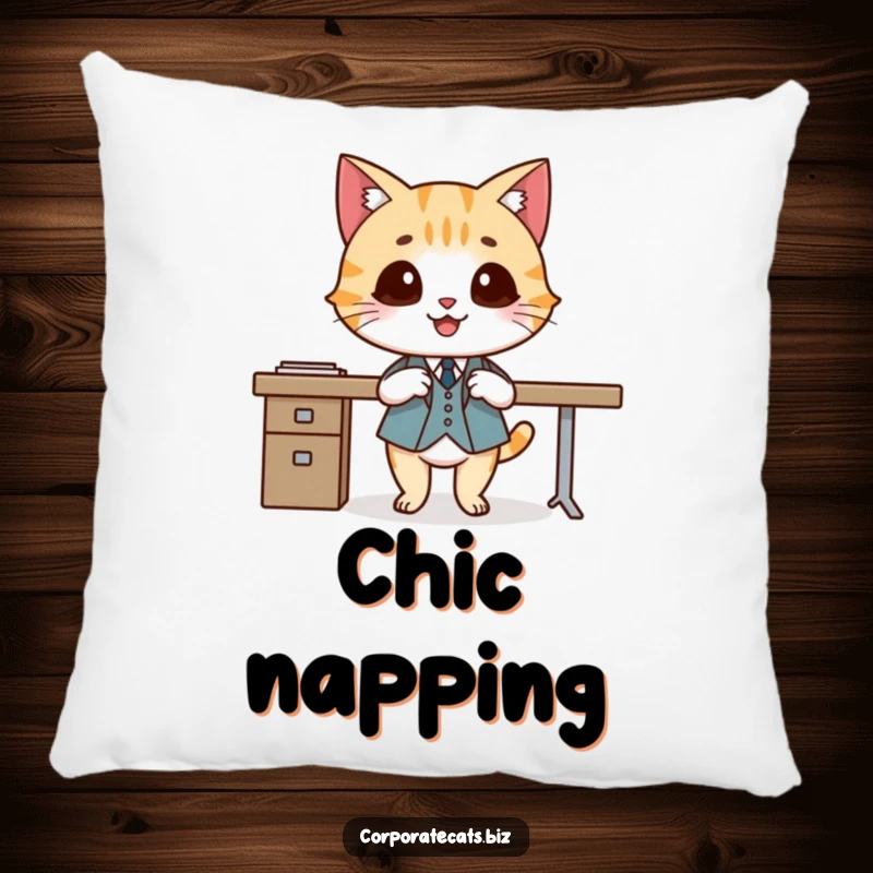 Funny decorative pillow featuring a smiling cat in a tiny suit, crossing legs elegantly, offering comfort and sophisticated humor.