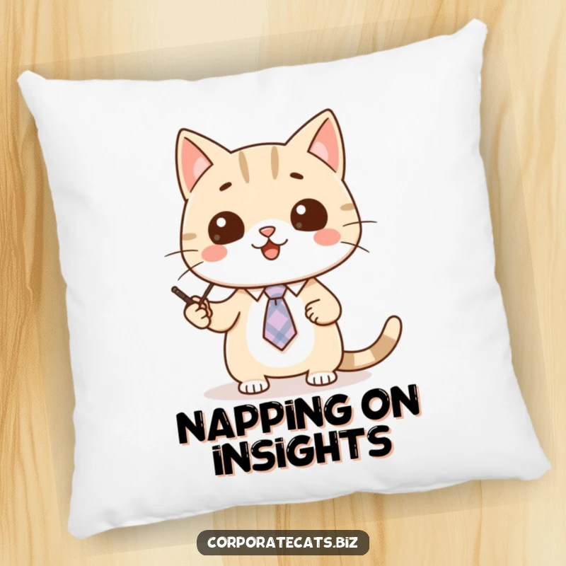 Funny cat pillow featuring a cute cat character wearing a tiny tie, enthusiastically giving a presentation.