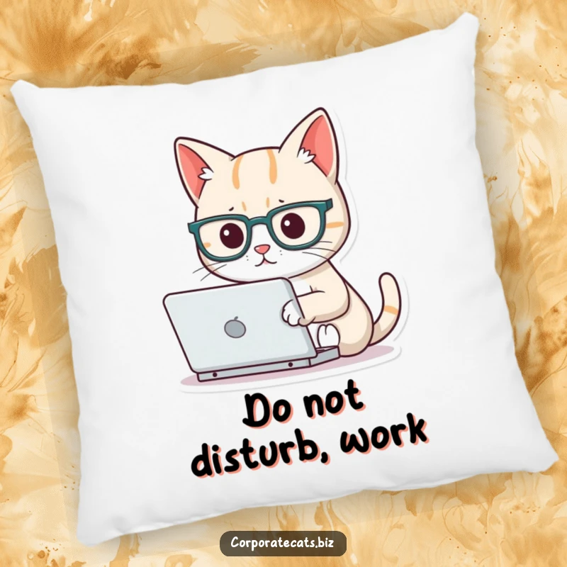 Funny focused cat pillow wearing tiny glasses, typing on a miniature laptop, a soft and humorous decor item for adding intellectual charm.