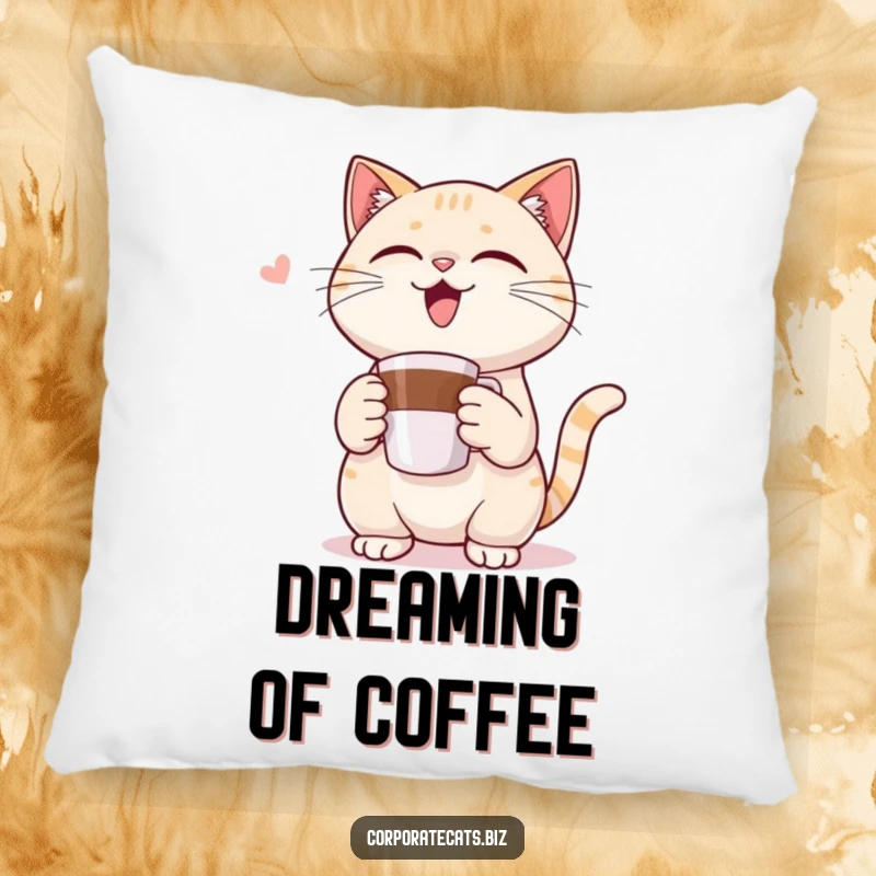 Funny pillow with a triumphant cat character clutching a miniature coffee cup, offering soft comfort and a dose of humor.