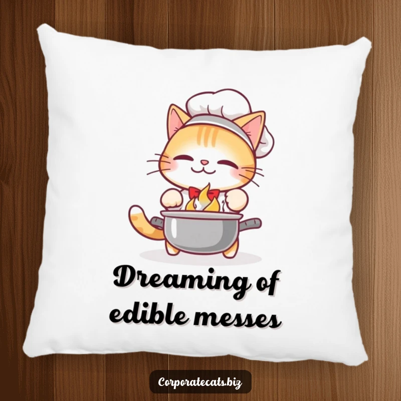 Funny Pillow: A cute cat chef looks surprised after dropping a pot, with food scattered around. Comfy decor.