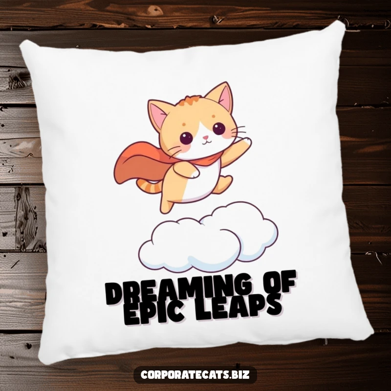 Funny cat in a cape leaping between clouds, a soft and adventurous accent pillow. A wonderful funny gift.