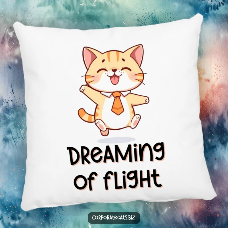 Funny pillow featuring a playful cat in a tie caught mid-jump, adding energetic and cozy humor to any seating.