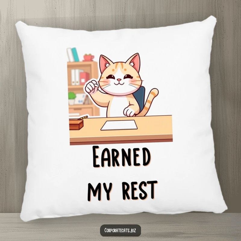 Soft pillow featuring a funny cat performing a fist pump at a desk, bringing humorous comfort and victory.