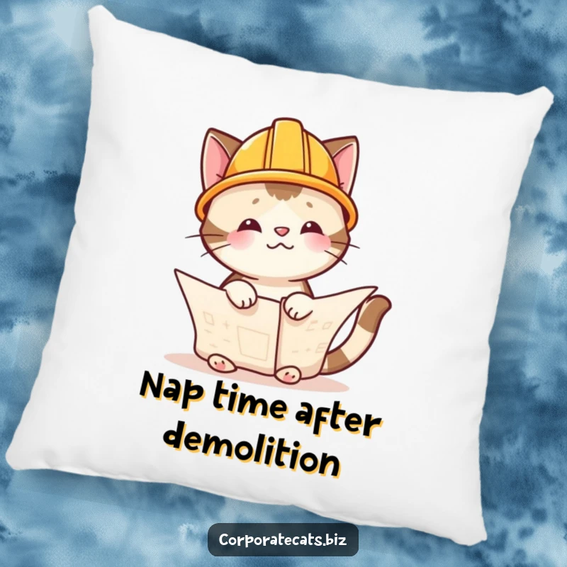 Funny cat architect in a hard hat, studying blueprints, this soft pillow provides comfort and humor, an ideal funny gift.