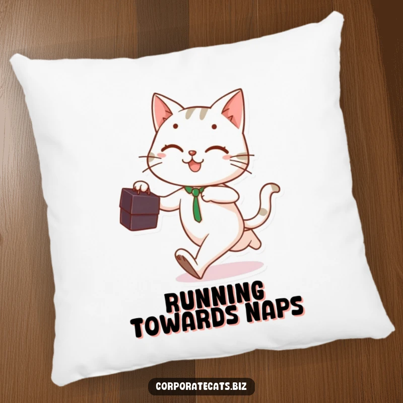 Playful cat holding a briefcase, running with a smile, printed on a soft decorative pillow.