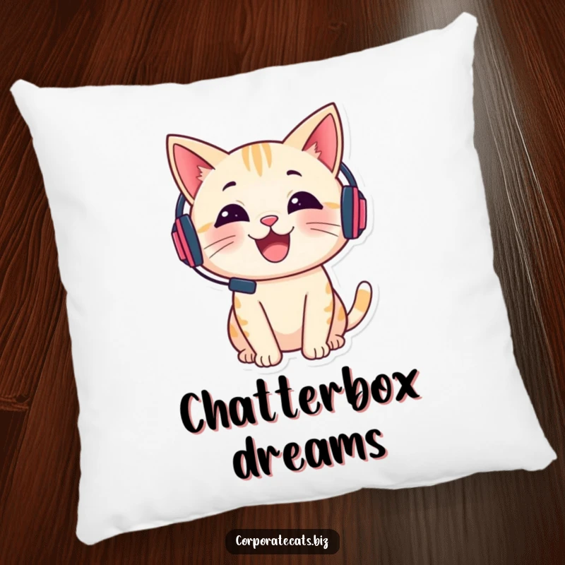 Funny pillow with a cheerful cat wearing a tiny headset and talking, offering cozy and humorous decor.