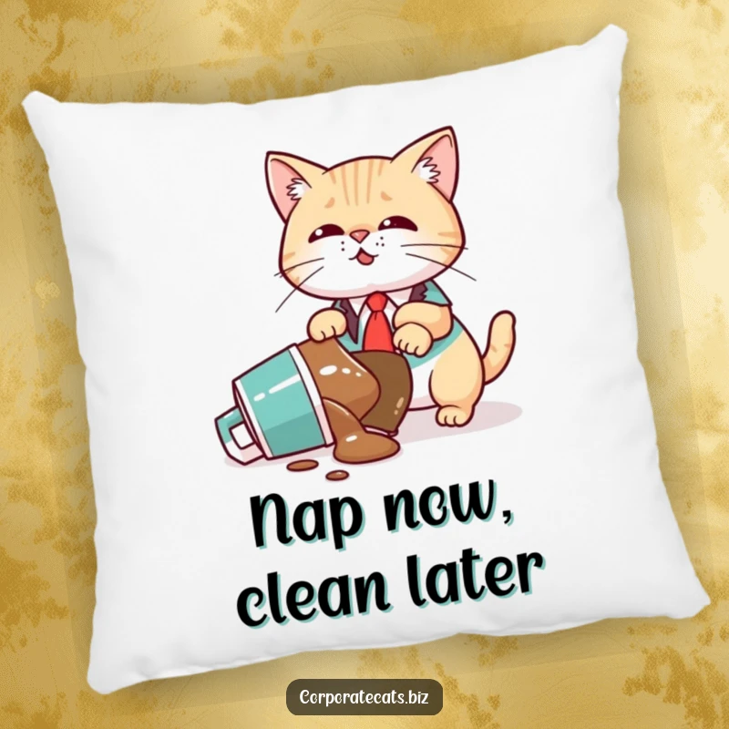 Funny Pillow: A cute cat executive looks surprised as a coffee mug tips over, spilling liquid everywhere. Comfy decor.