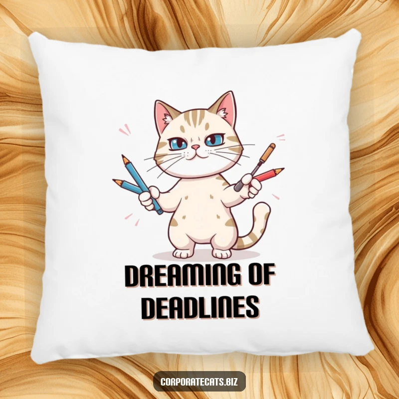 Funny pillow featuring a determined cat in the middle of juggling various pens, adding humor to any seating area.