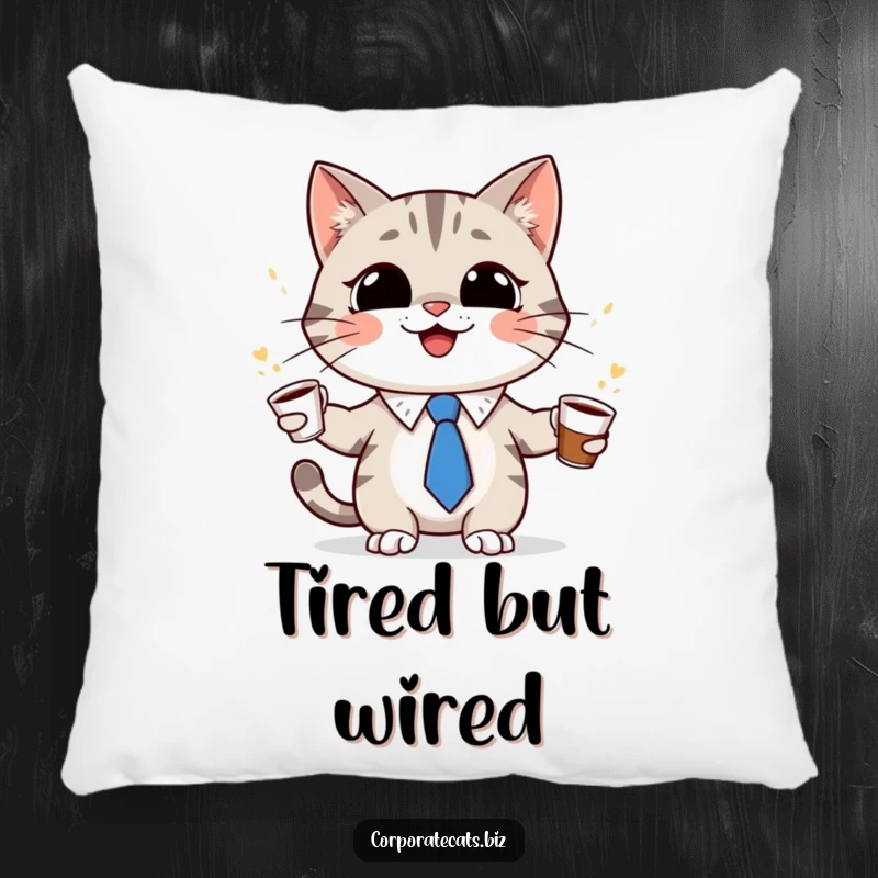 Funny cat character in a tiny tie, grinning and juggling coffee cups on a pillow, offering comfort and humorous design, perfect for a cozy gift.