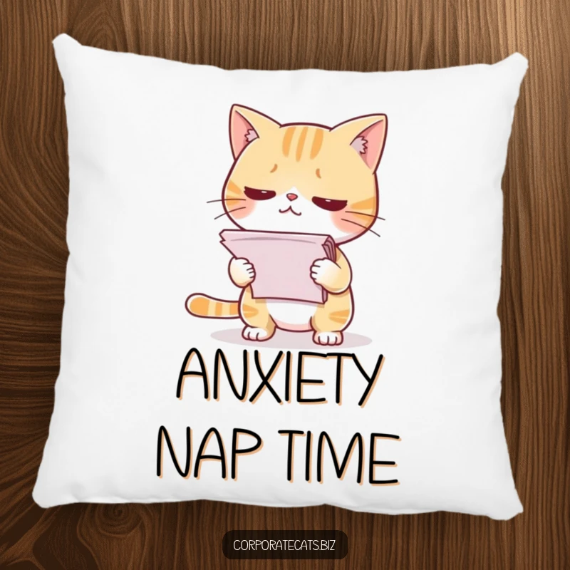 Funny pillow featuring a timid cat presenting a stack of papers, adding a touch of relatable office humor to any room.
