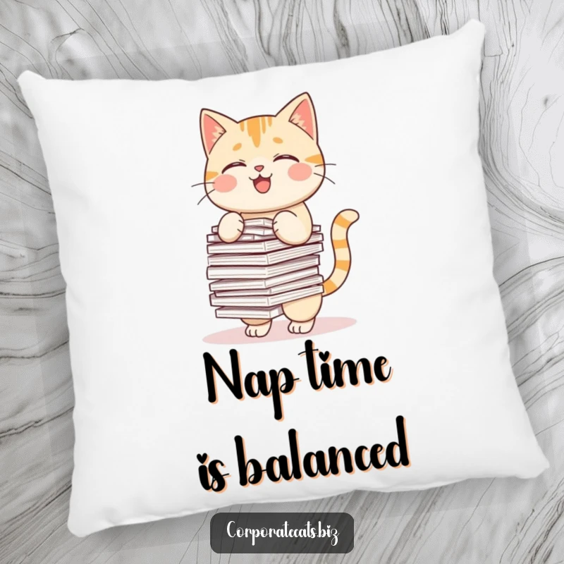 Funny throw pillow with a funny cat character balancing a precarious stack of papers, designed for comfort and laughs.
