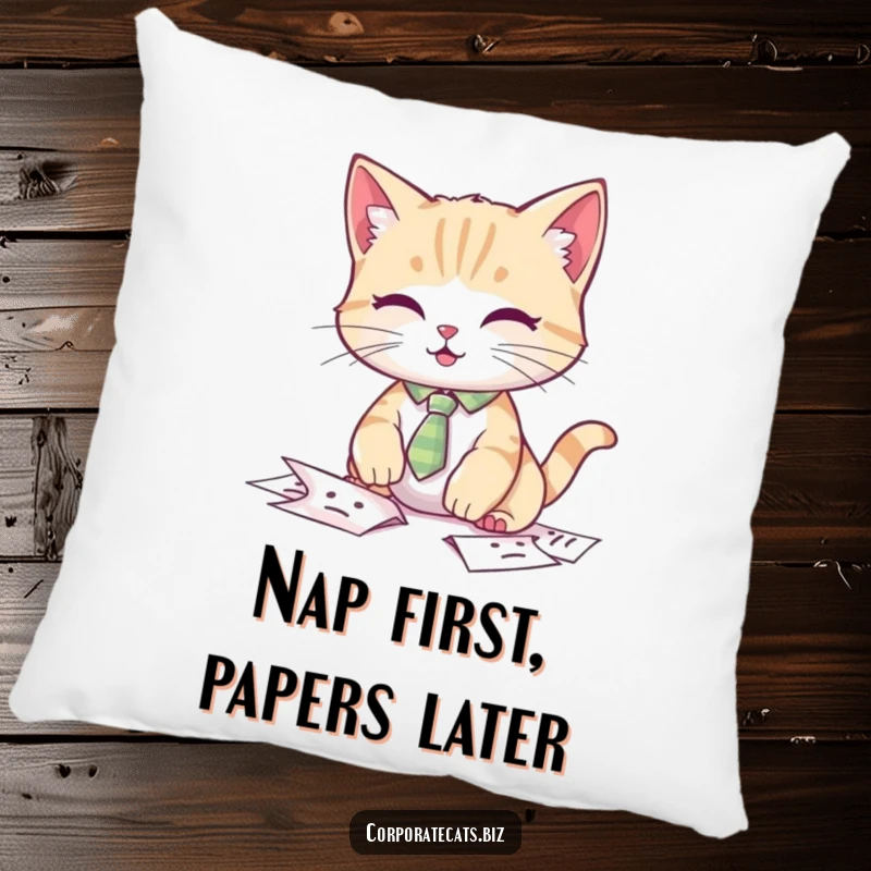 Funny cat pillow, a cat in a tiny tie looking flustered while dropping papers.