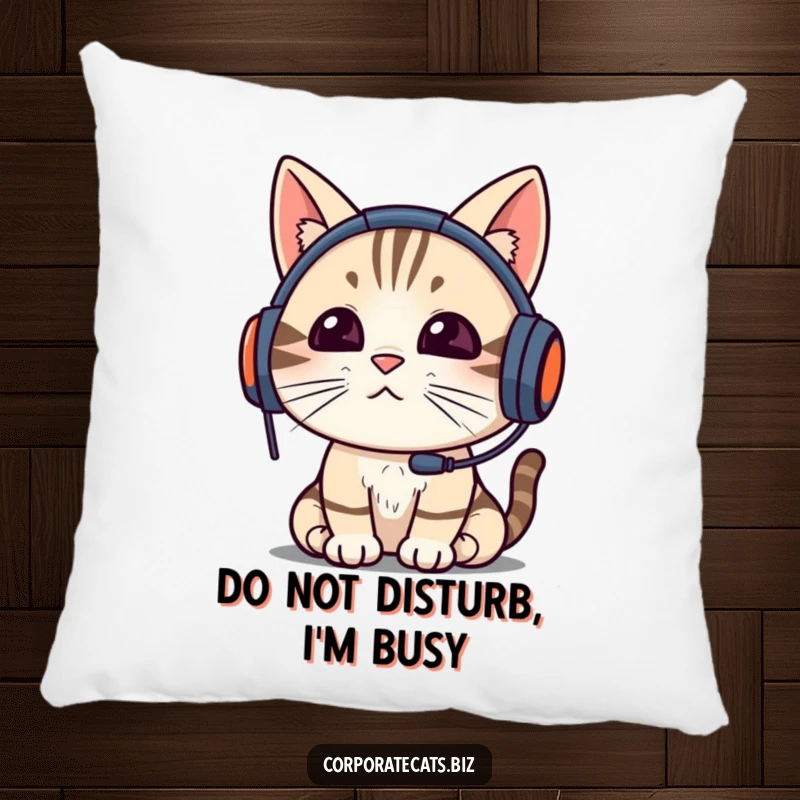 Funny cat with headset on a video call, designed on a plush pillow, offering comfort and humor, ideal for a funny gift.