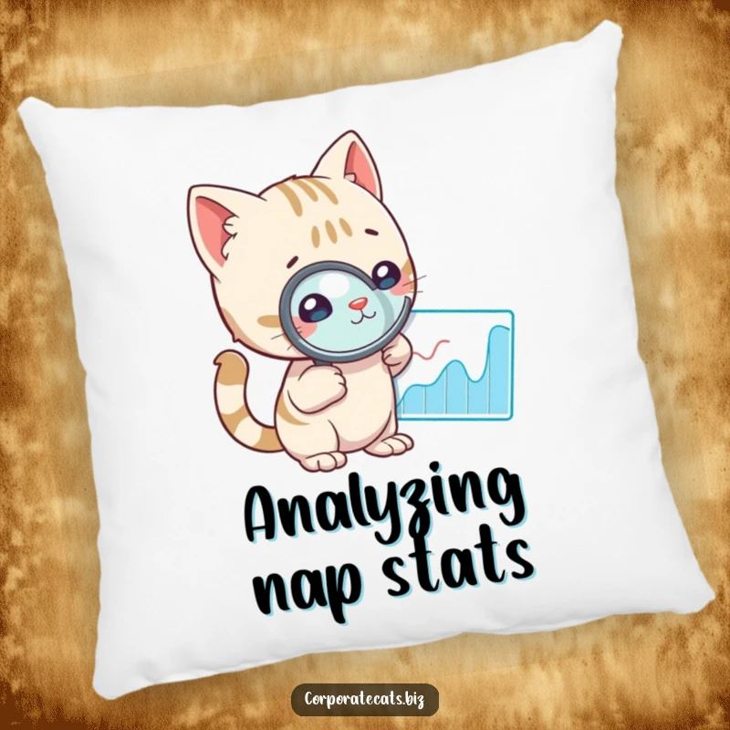 A cute and funny cat peering through a magnifying glass at a graph, designed for comfort on a plush pillow, bringing analytical humor.