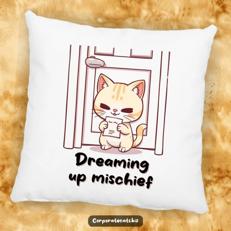 Funny Mischief Cat Pillow: a mischievous cat character slipping a tiny memo under a door, for comfort and fun.
