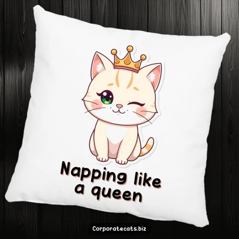 Funny regal cat pillow, a winking feline wearing a small crown, offering comfort and a touch of royal humor.