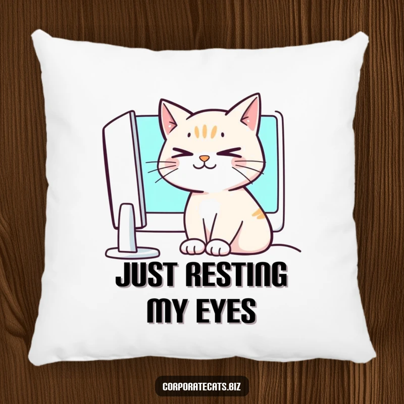 Funny crossed-eyed cat pillow, humorously staring at a computer, offering comfort and a chuckle.