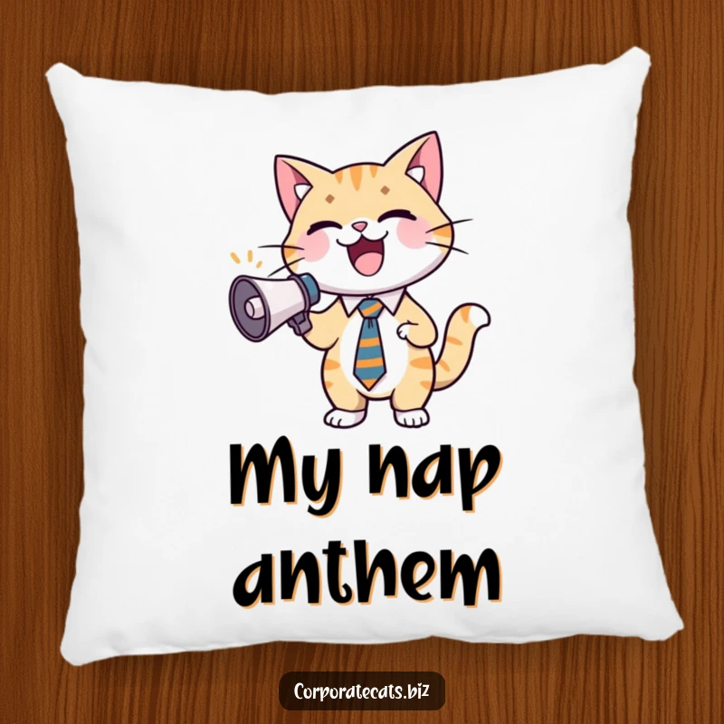 Funny cat pillow featuring a happy cat character in a suit and tie, holding a small megaphone and looking ready to cheer.