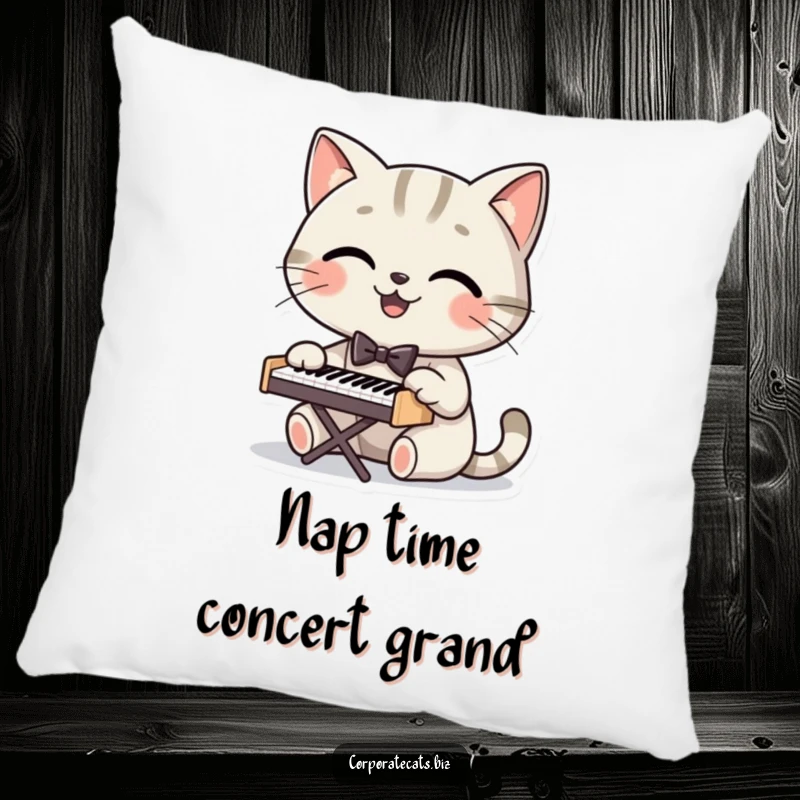 Funny pillow featuring a smiling cat in a bowtie playing a tiny piano, adding a touch of musical humor and coziness.