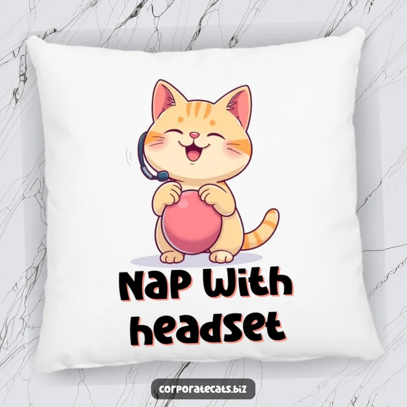 Funny cat pillow, a happy cat wearing a headset comically bounces a stress ball, perfect for cozy relaxation and stress relief.