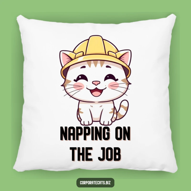 Funny Smiling Cat Pillow: Wearing Hard Hat, Cozy Comfort with Hilarious Charm