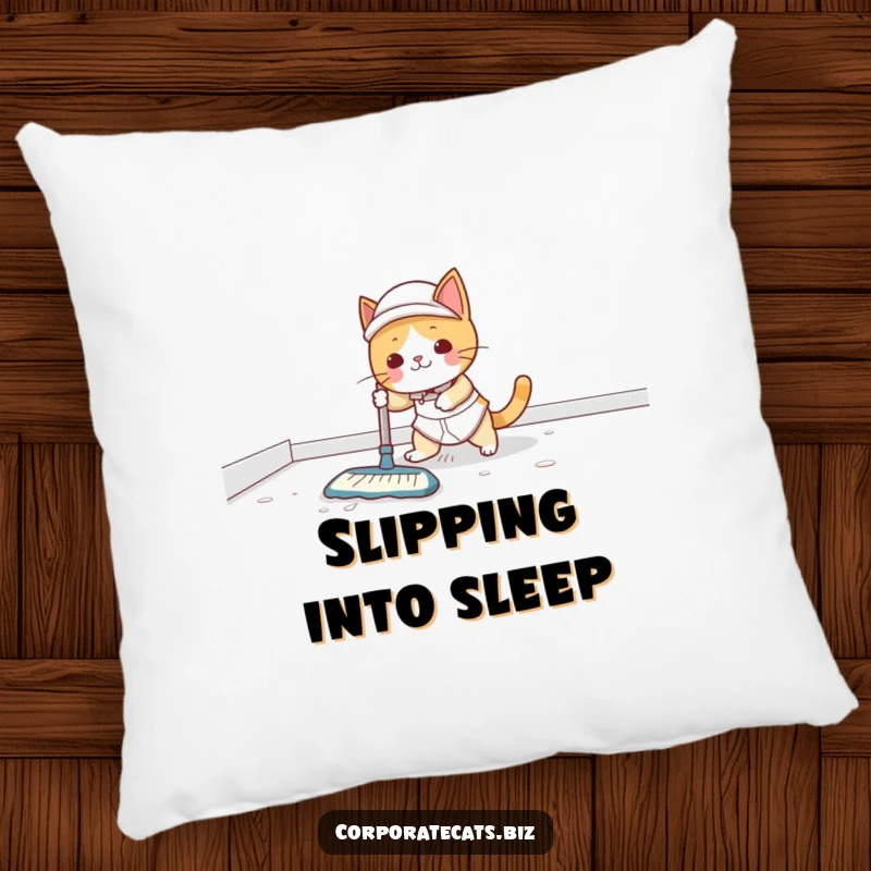 Funny Pillow: A cute cat janitor looks surprised after slipping on a wet floor, scattering cleaning supplies. Comfy decor.
