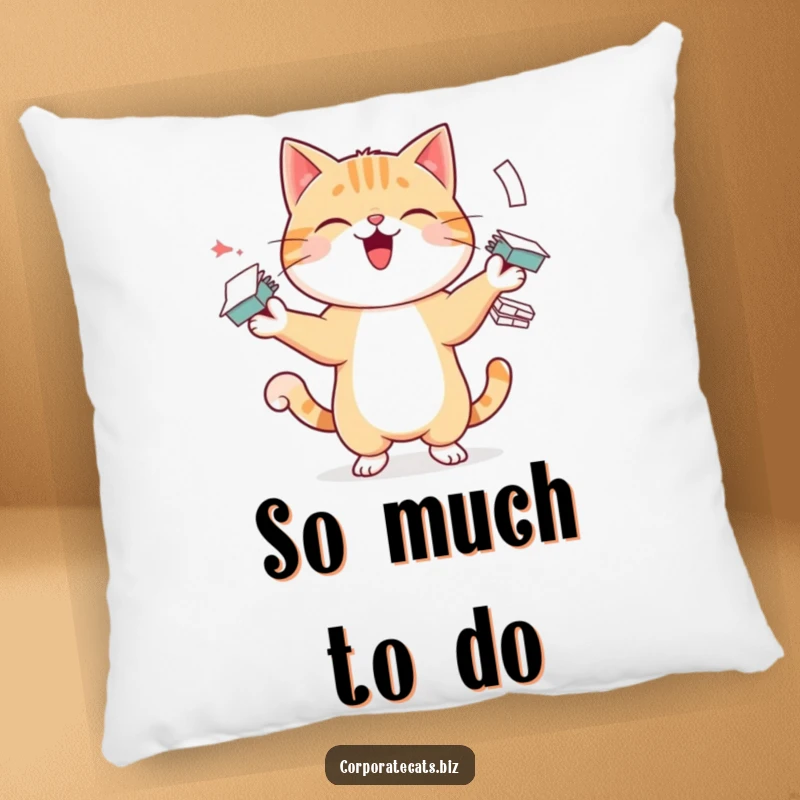 Funny pillow with a cheerful cat character juggling multiple paper stacks, offering a comfortable and humorous decorative accent for any room.
