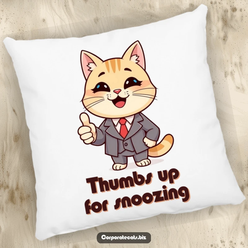 Funny High Five Cat Pillow: a smiling cat character in a suit giving a thumbs up, for comfort and celebration.