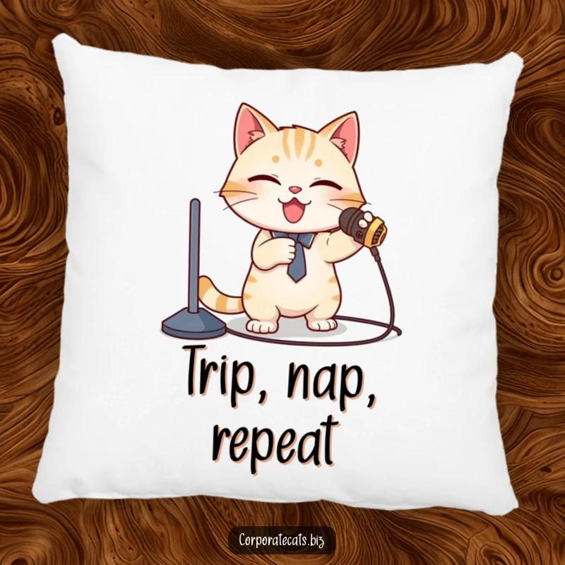 Funny Pillow: A cute cat presenter looks embarrassed after tripping over a microphone cord, scattering notes. Comfy decor.