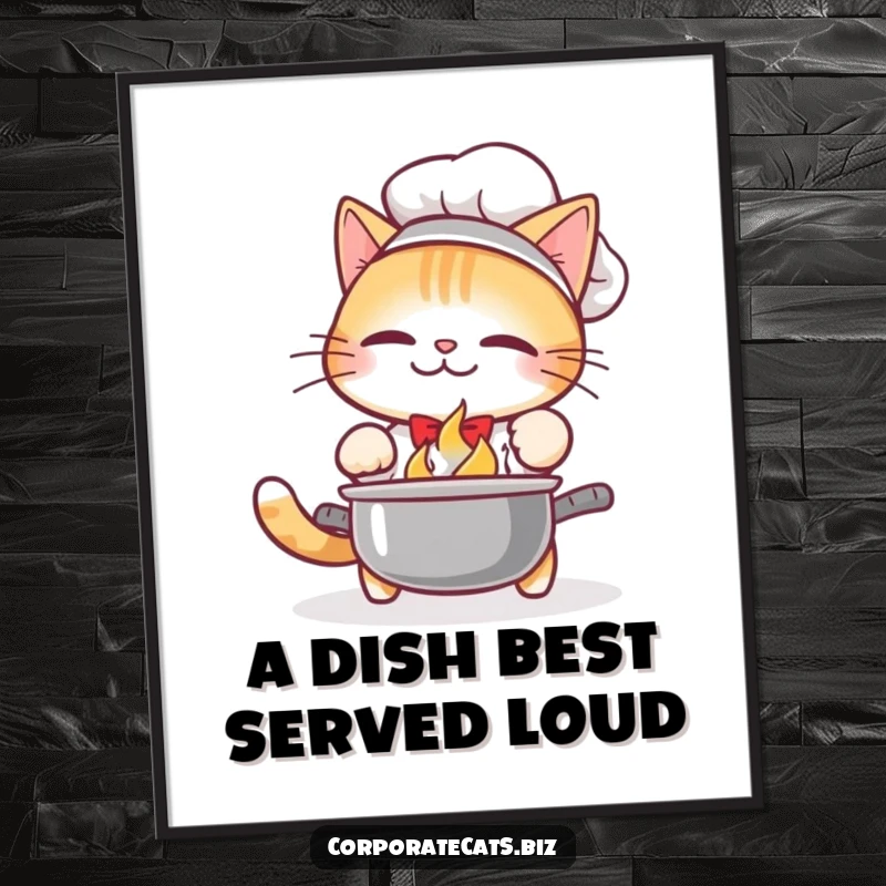 Funny Digital Art Print: A comical cat chef drops a pot, scattering food everywhere with a surprised expression.