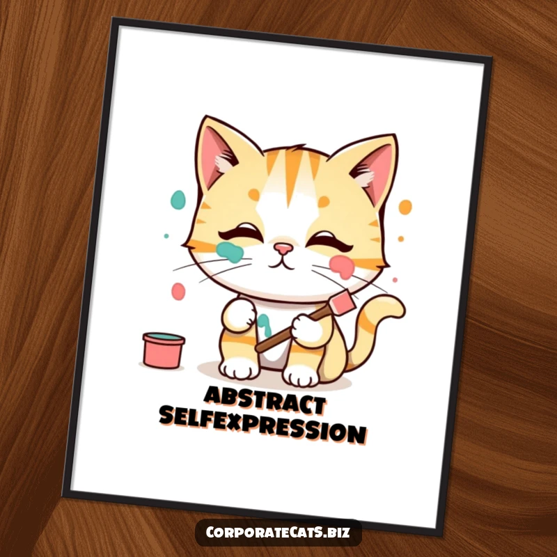 Funny Digital Art Print: A comical cat artist smears vibrant paint all over its face while painting, looking surprised.