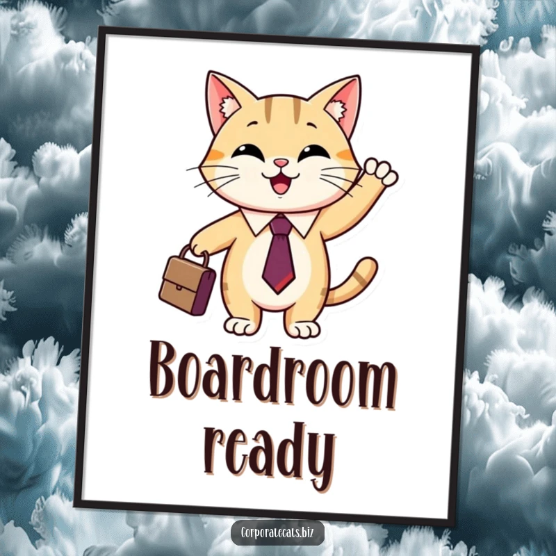 Funny cat executive digital art print of a smiling cat in a tie waving a briefcase, symbolizing executive ambition.