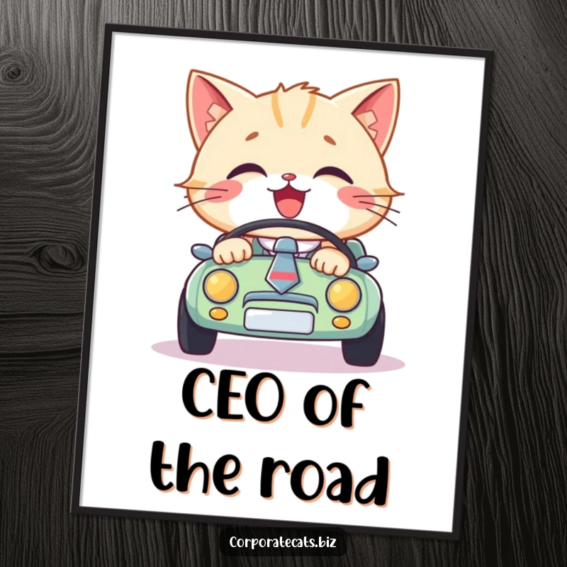 Funny cat in a necktie, driving a miniature car, this downloadable art adds whimsical humor and style, perfect funny gift.