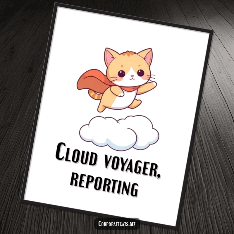 Funny cat in a cape leaping between clouds, instantly downloadable heroic art. A great funny gift.