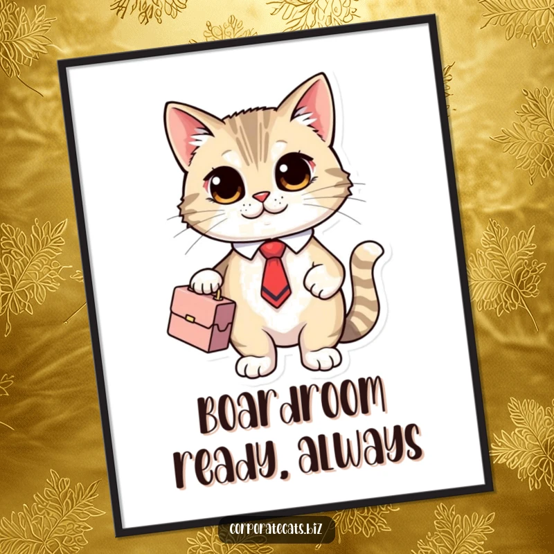 Funny Boardroom Cat Digital Art: a cute cat character in a tie and briefcase, ready for a meeting, downloadable print.