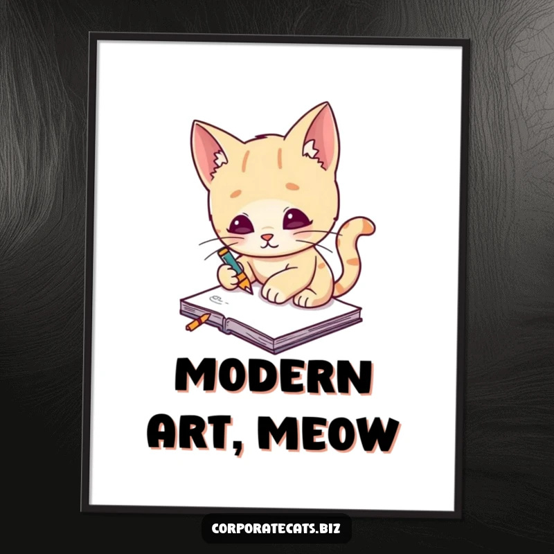 Funny cat artist digital art print, a creative cat artist sketches on a tiny notepad, bringing instant whimsy and art.