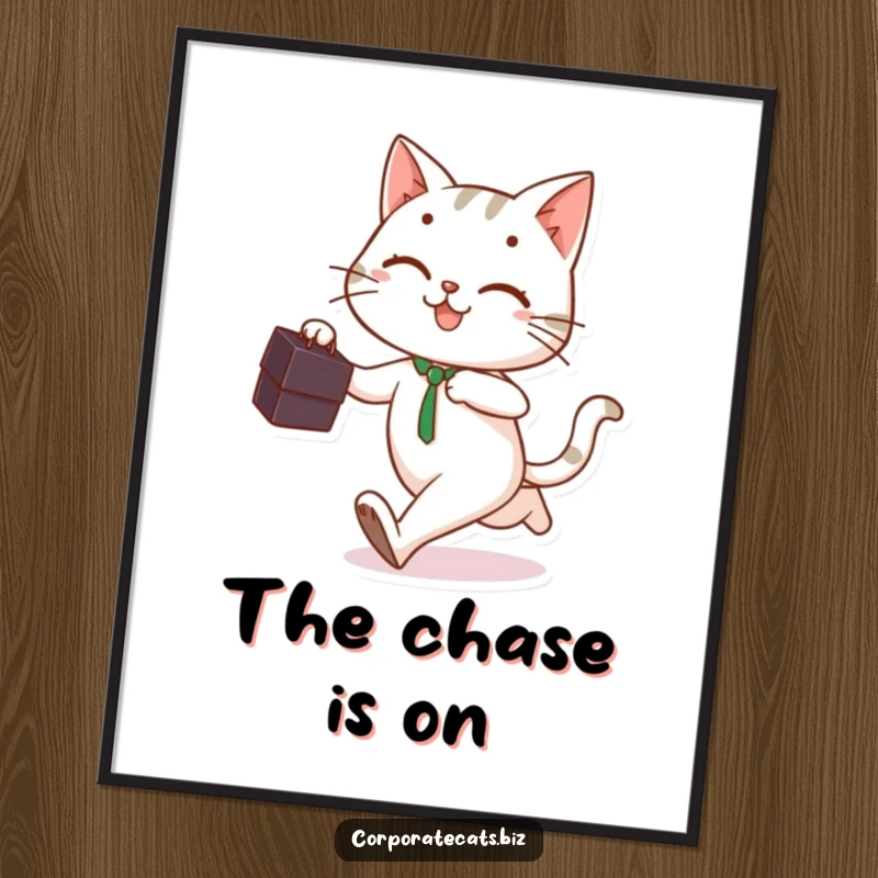 Playful cat holding a briefcase, running with a smile, available as a digital art print.